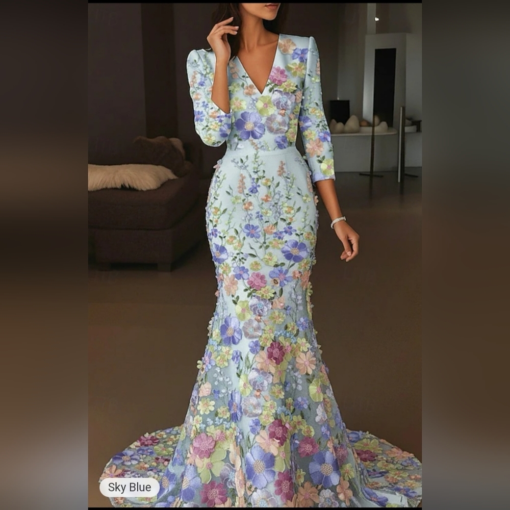 Elegant Sky Blue Floral V-Neck Mermaid Dress